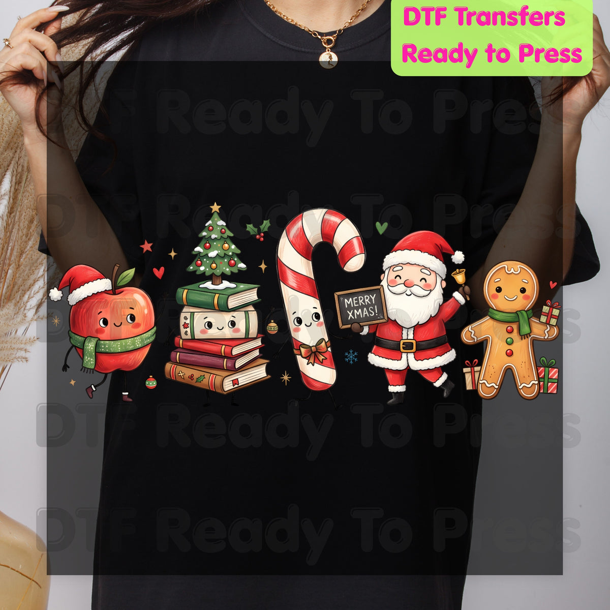 Christmas Teacher Squad DTF Transfers, Holiday School Apple Books Santa Teacher Ready to Press