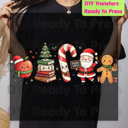 Christmas Teacher Squad DTF Transfers, Holiday School Apple Books Santa Teacher Ready to Press