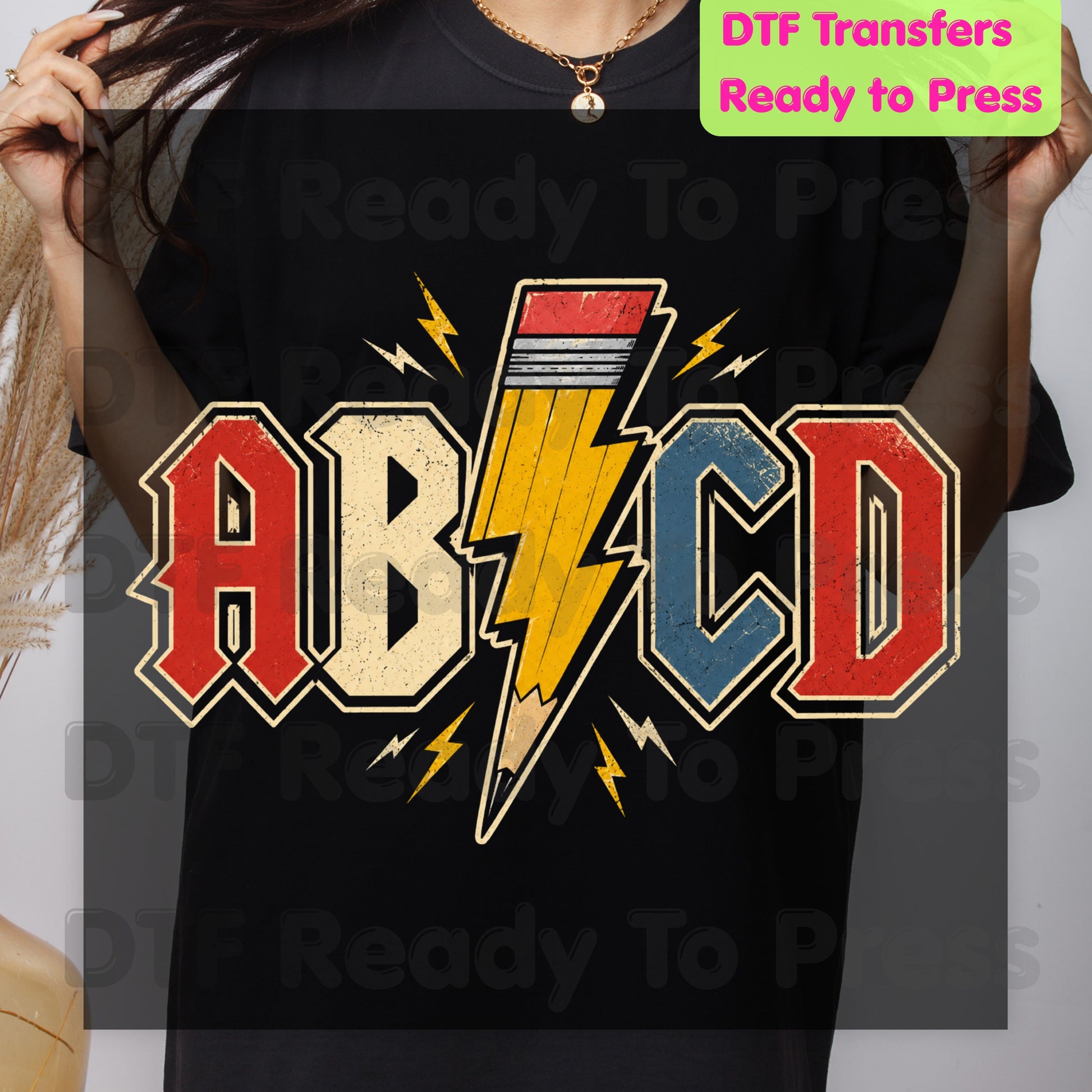 AB CD Lightning Bolt Pencil DTF Transfers, Rock N Roll Teacher Back to School Ready to Press