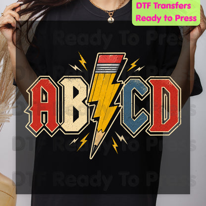 AB CD Lightning Bolt Pencil DTF Transfers, Rock N Roll Teacher Back to School Ready to Press