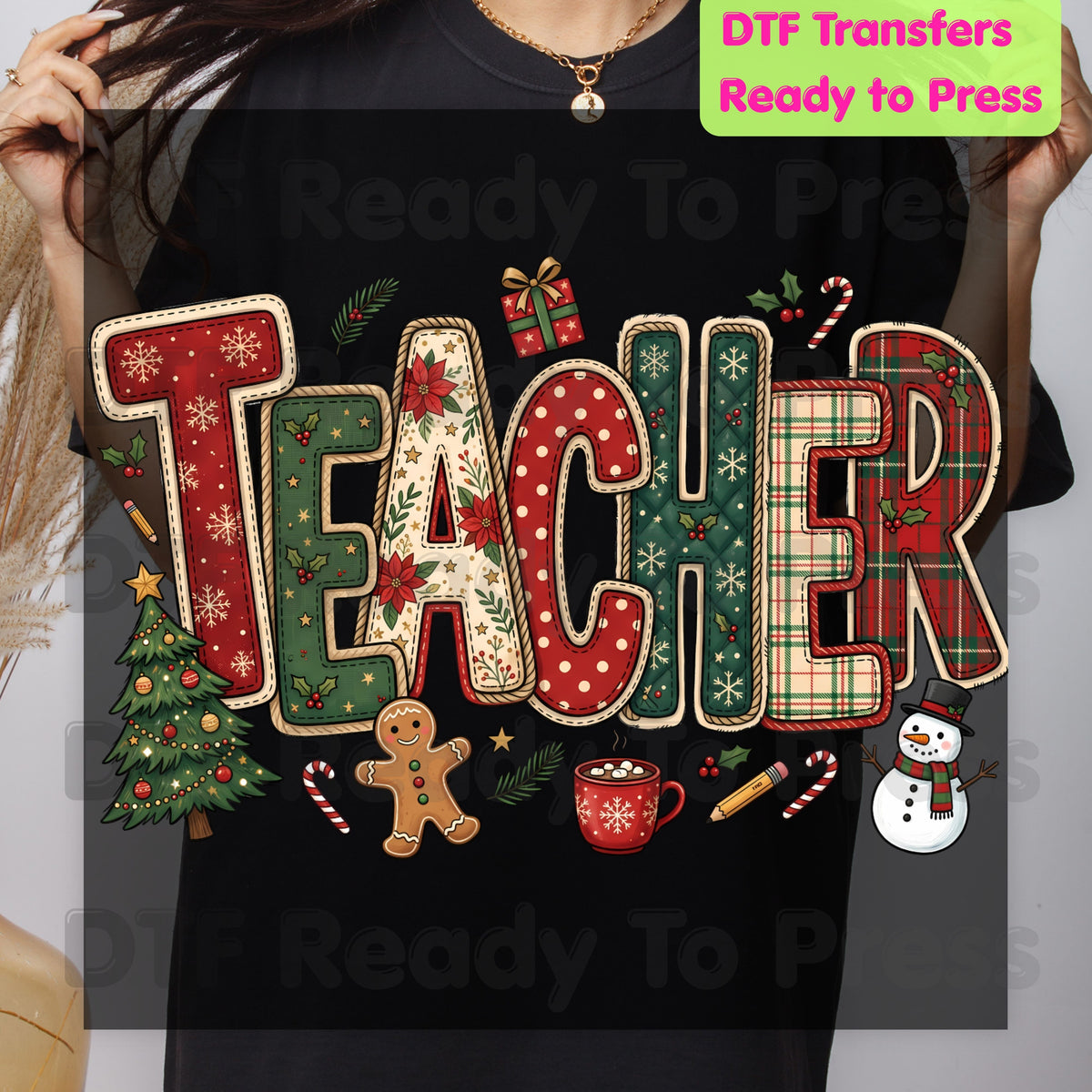 Christmas Teacher Patchwork DTF Transfers, School Snowman Plaid Holiday Ready to Press