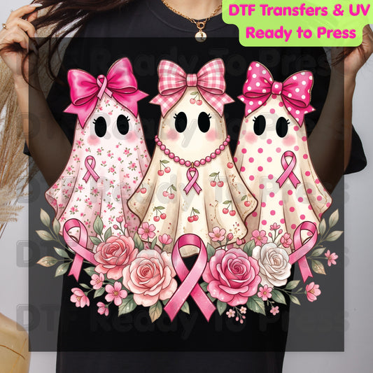 Pink Ghost Boo Crew Breast Cancer Awareness DTF Transfer Ready to Press Heat Transfer Floral Ribbon Tee