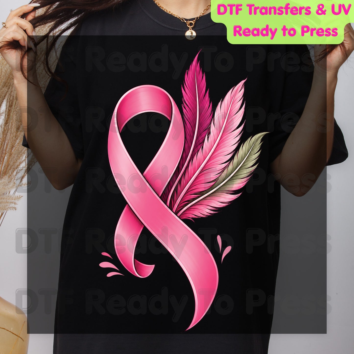 Pink Ribbon Feathers Breast Cancer Awareness DTF Transfer Ready to Press Heat Transfer Survivor Support Tee