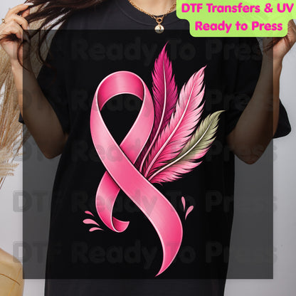 Pink Ribbon Feathers Breast Cancer Awareness DTF Transfer Ready to Press Heat Transfer Survivor Support Tee