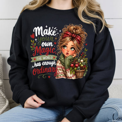 Make Your Own Magic Christmas Messy Bun Girl T-Shirt, Festive Holiday Quote Comfort Color Tee