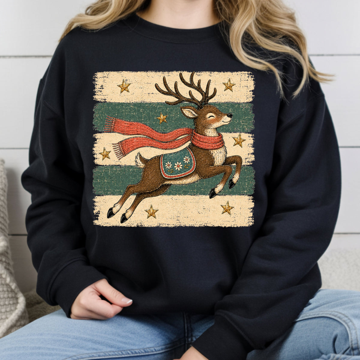 Vintage Christmas Reindeer T-Shirt, Flying Reindeer Scarf Retro Winter Comfort Color Tee