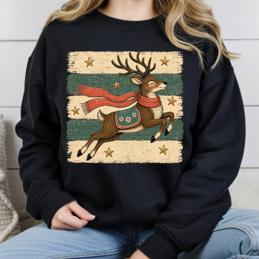 Vintage Christmas Reindeer T-Shirt, Flying Reindeer Scarf Retro Winter Comfort Color Tee