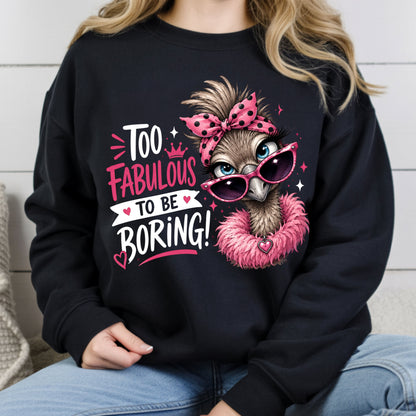 Funny Ostrich Too Fabulous to Be Boring T-Shirt, Sassy Emu Pink Bow Sunglasses Feather Boa Tee