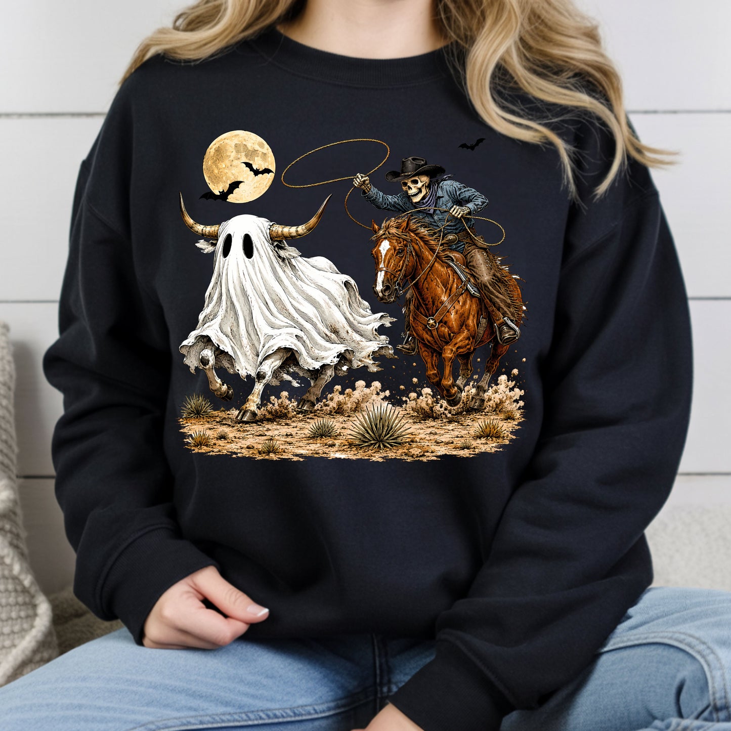 Halloween Skeleton Cowboy Ghost T-Shirt, Western Rodeo Bull Lasso Spooky Tee