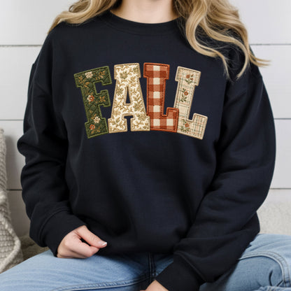 Fall Patchwork Chenille Letters T-Shirt, Quilted Plaid Autumn Thanksgiving Comfort Color Tee