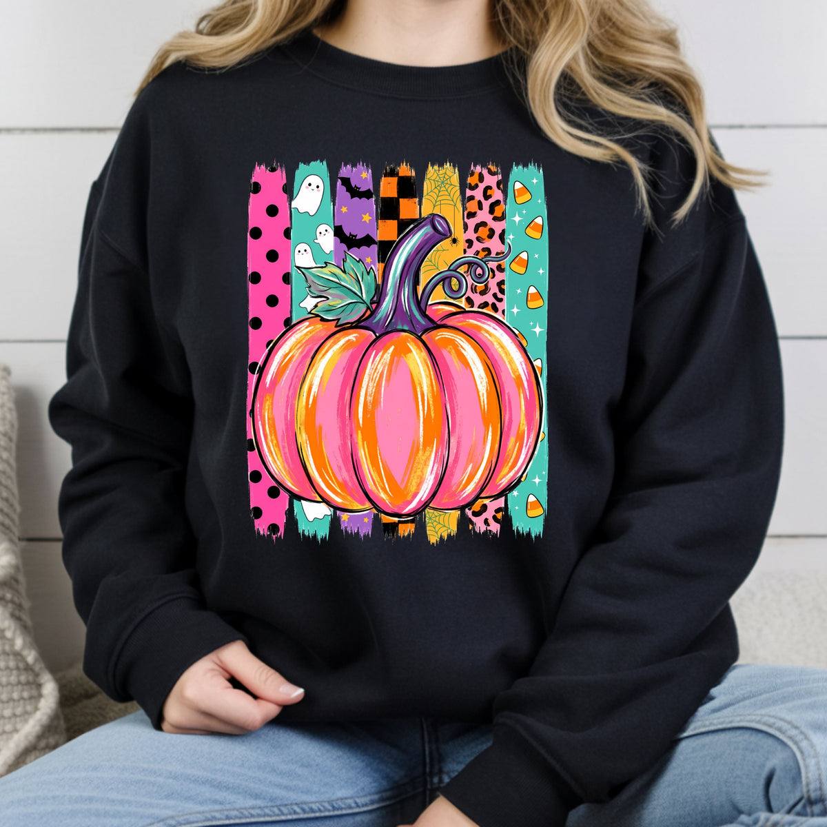 Halloween Pumpkin Brush Strokes Leopard Ghosts Candy Corn T-Shirt, Spooky Season Tee