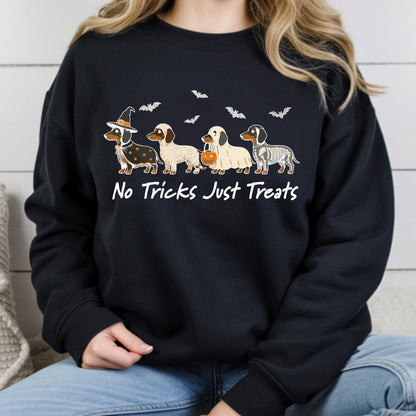 Dachshund Halloween Comfort Colors T Shirts No Tricks Just Treats Costume Tee Cute Ghost Mummy Witch Skeleton Dog Shirt Spooky Wiener Dog Hoodie