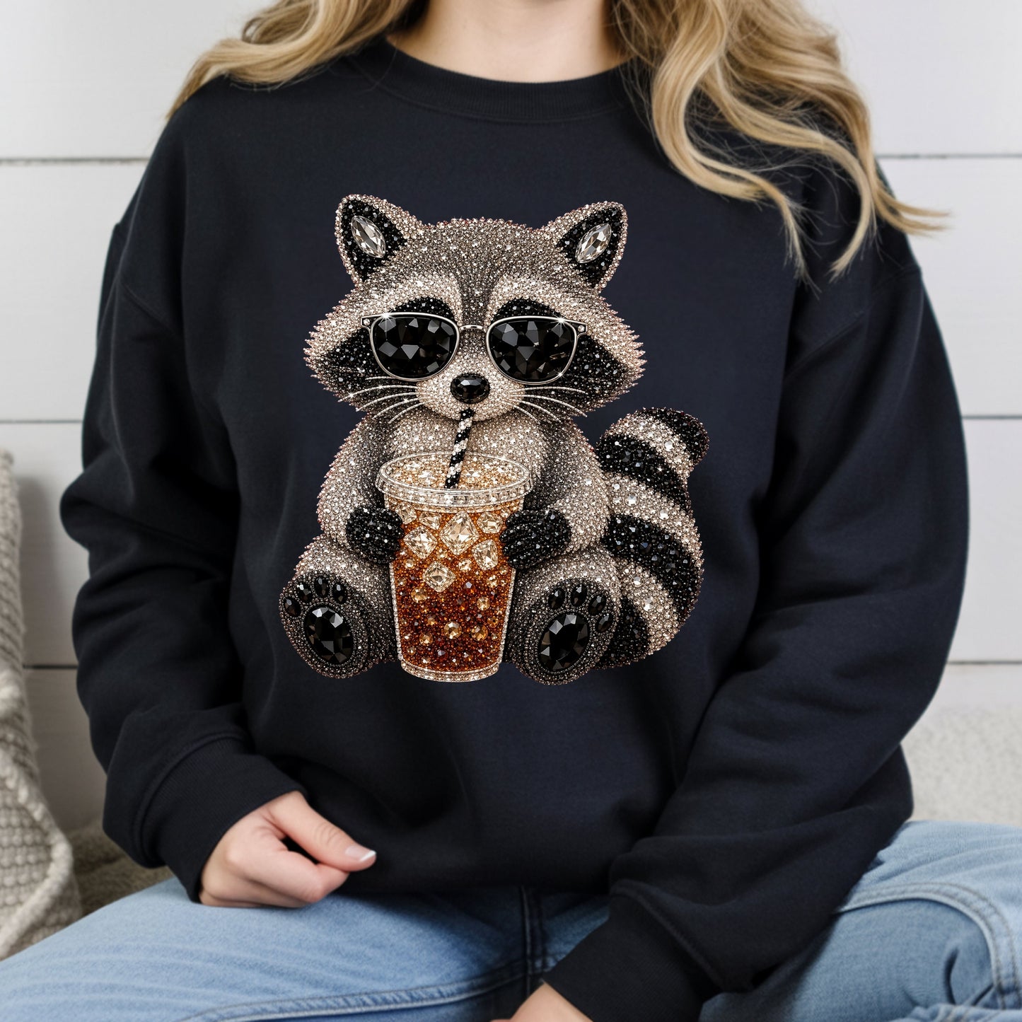 Cool Raccoon Iced Coffee T-Shirt, Sunglasses Trash Panda Rhinestone Tee Sweatshirt