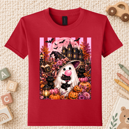 Pink Ghost Halloween T-Shirt, Witch Ghost Bubble Gum Black Cat Spooky Cute Tee for Toddler and Kids