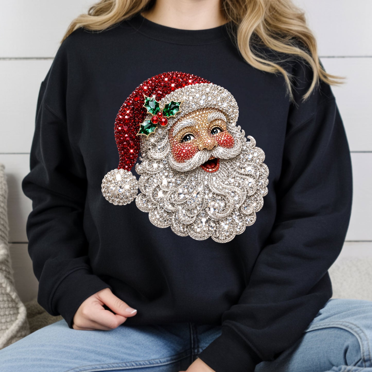 Christmas Santa Claus Vintage T-Shirt, Bejeweled Rhinestone Santa Head Festive Holiday Tee