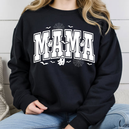 Mama Halloween Spooky Ghost Bats T-Shirt, Varsity Cute Mom Tee