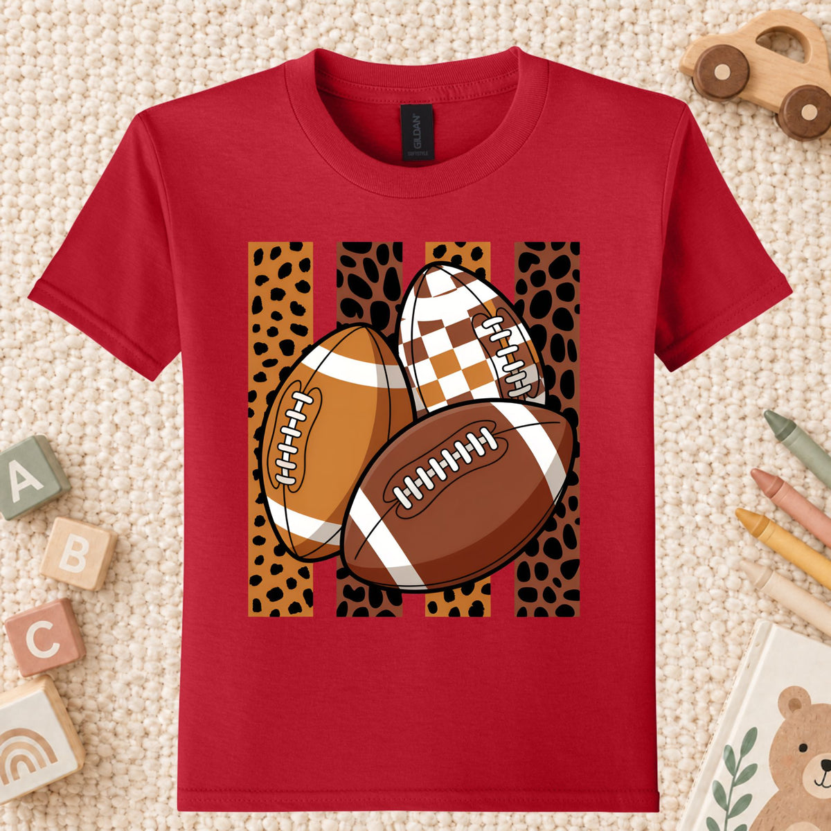 Leopard Football Game Day T-Shirt, Brown Checkered Football Season Tee for Youth