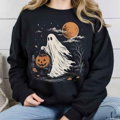 Vintage Halloween Ghost T-Shirt, Jack O Lantern Full Moon Sepia Neutral Tones Spooky Fall Tee