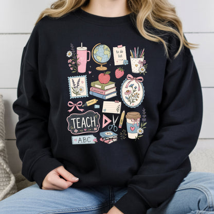 Cute Teacher Supplies Coquette T-Shirt, Books Coffee Globe Pink Bows Back to School Tee