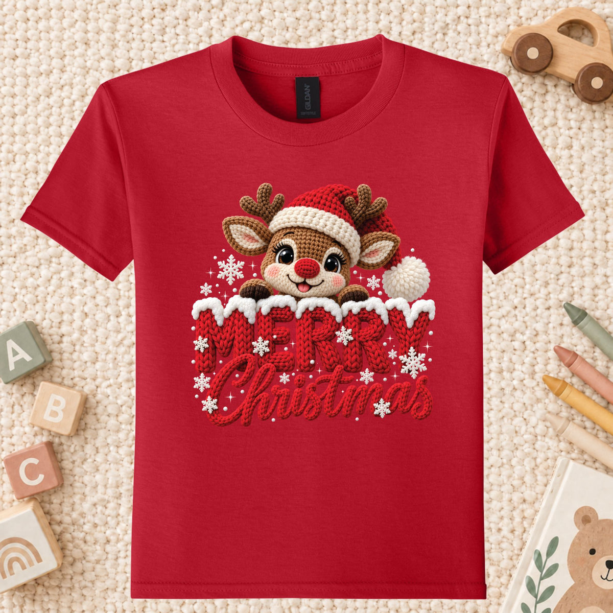 Cute Reindeer Christmas T-Shirt, Santa Hat Knitted Lettering Tee, Cozy Holiday Sweatshirt