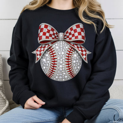 Coquette Baseball Sparkle T-Shirt, Red Checkered Bow Sports Mom Girl Tee
