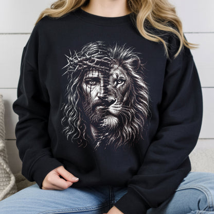 Lion and Jesus Christian Faith T-Shirt, Lion of Judah Crown of Thorns Sketch Tee