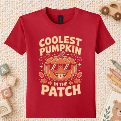 Coolest Pumpkin in the Patch T-Shirt, Retro Halloween Sunglasses Fall Season Tee for Toddler and Kids