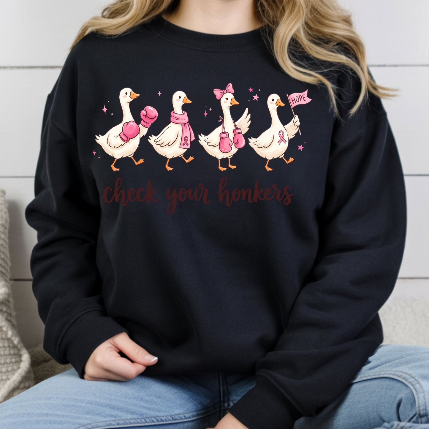 Check Your Honkers Ducks Breast Cancer Awareness T-Shirt, Pink Ribbon Boxing Gloves Geese Tee