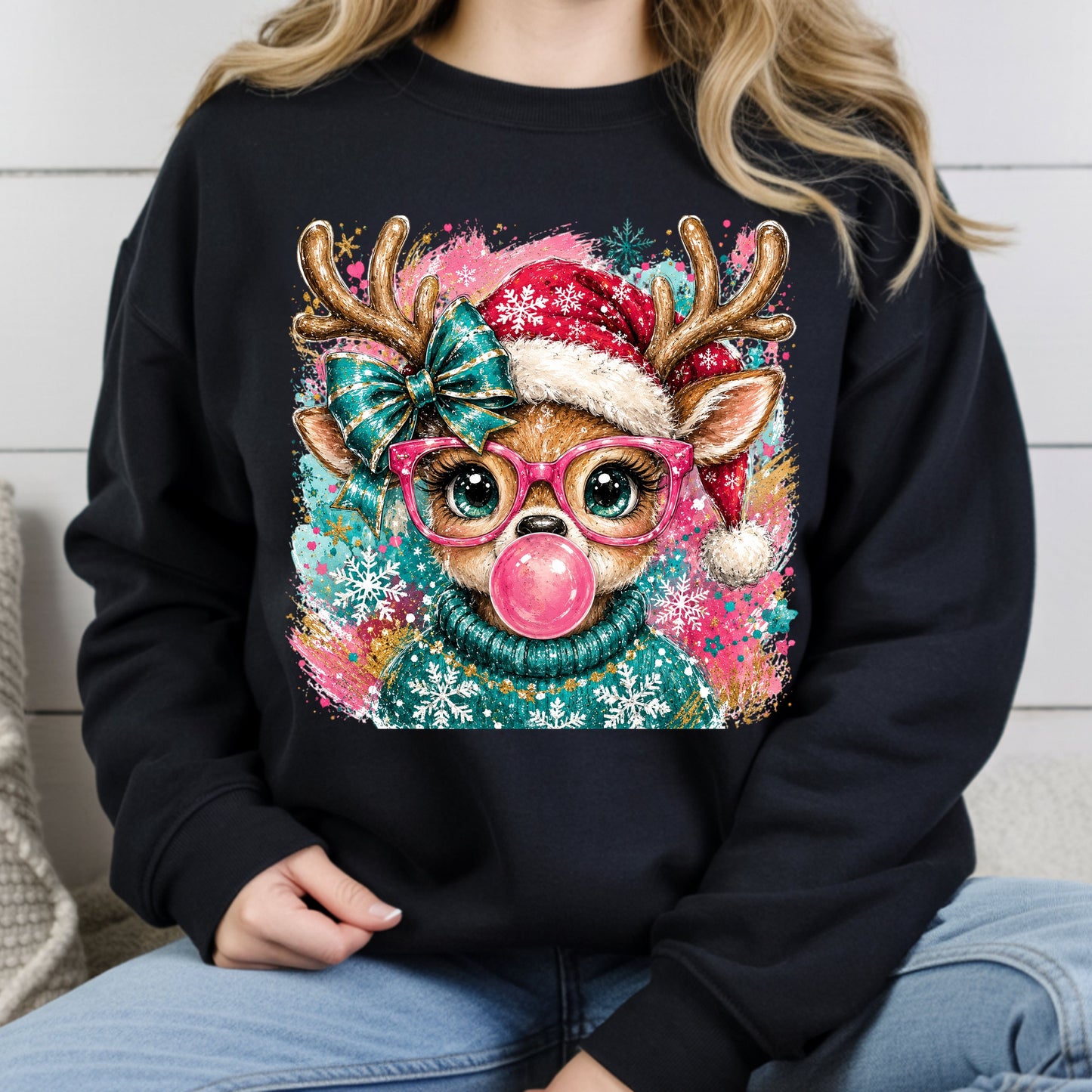 Christmas Reindeer Pink Glasses T-Shirt, Bubblegum Deer Santa Hat Cute Comfort Color Tee
