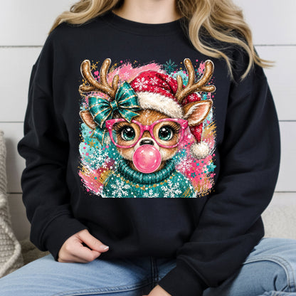 Christmas Reindeer Pink Glasses T-Shirt, Bubblegum Deer Santa Hat Cute Comfort Color Tee