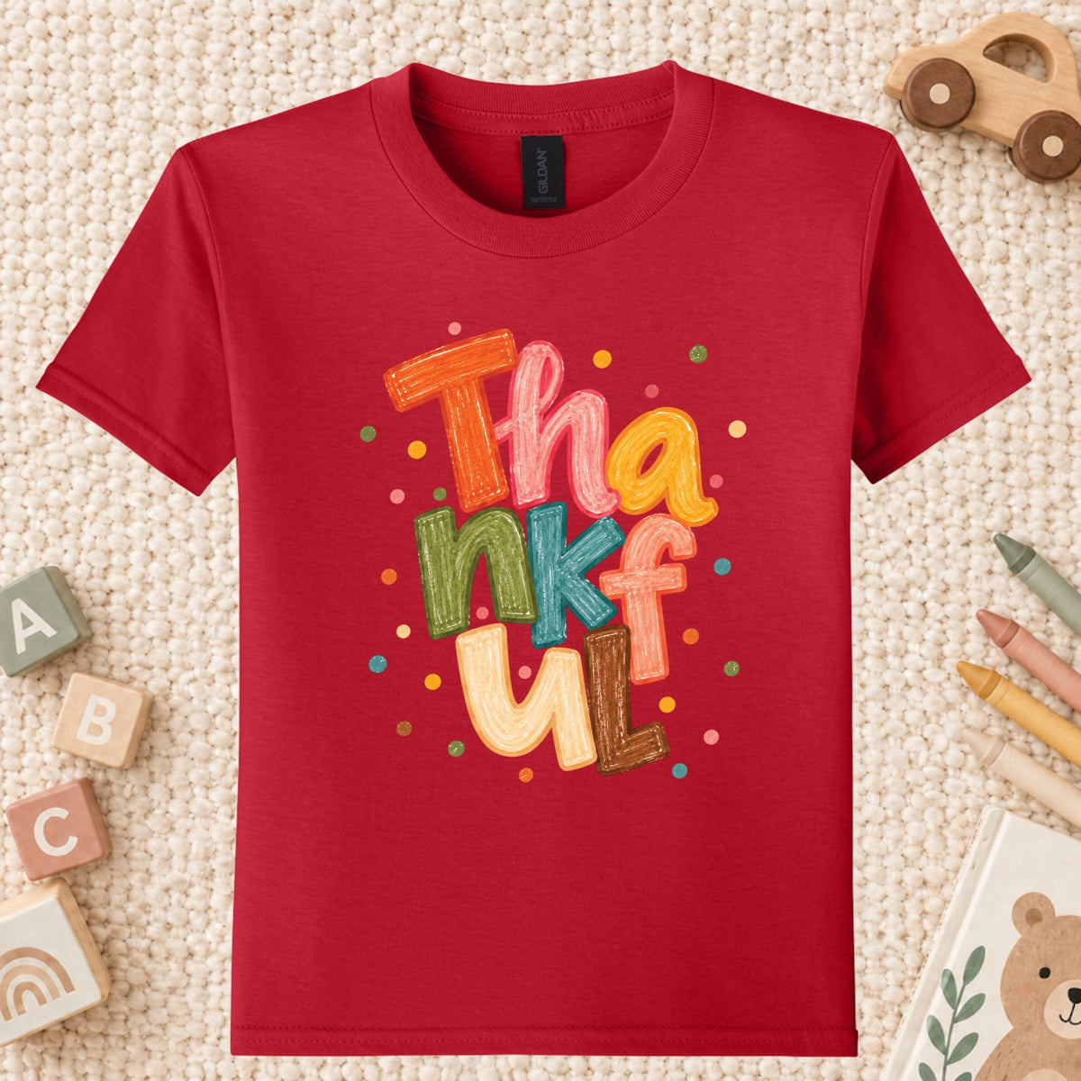 Thankful T-Shirt, Colorful Crayon Lettering Thanksgiving Tee, Fall Holiday Sweatshirt