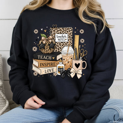 Teach Inspire Love Leopard Teacher T-Shirt, Notebook Coffee Iced Drink Comfort Color Tee