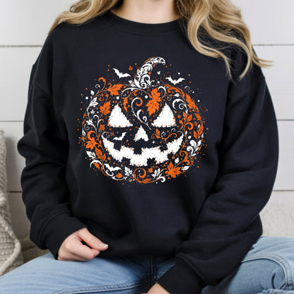 Halloween Pumpkin Face Floral Swirl Gothic T-Shirt, Intricate Spooky Pumpkin Tee