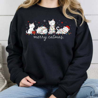 Merry Catmas Black Cats Christmas T-Shirt, Christmas Lights Black Kittens Cat Lover Tee