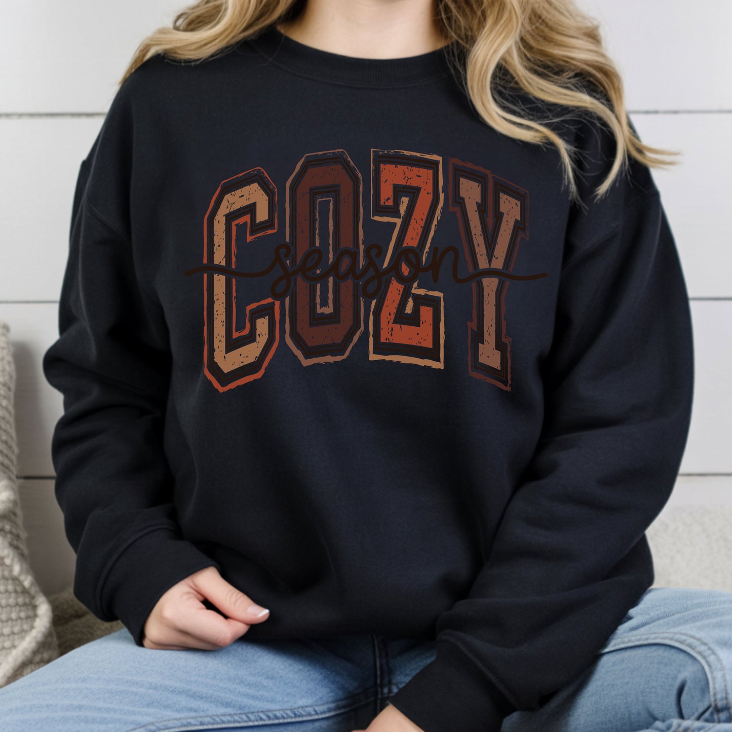 Cozy Season Fall T-Shirt, Distressed Varsity Letters Autumn Neutral Tones Tee