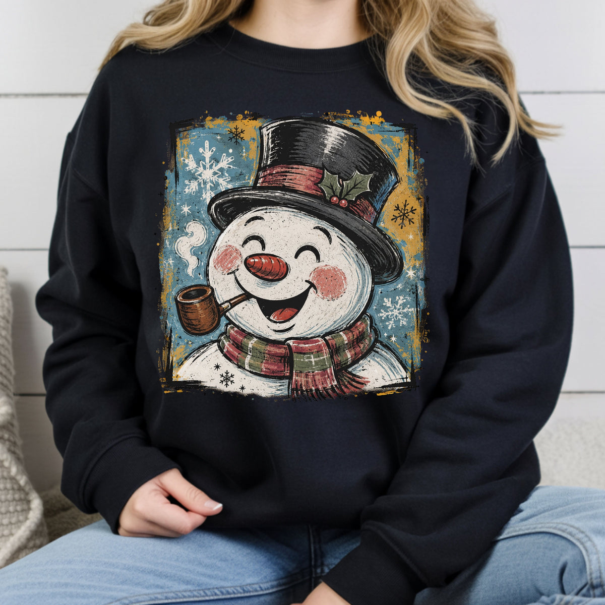 Vintage Snowman Christmas T-Shirt, Top Hat Pipe Snowflakes Scarf Comfort Color Tee