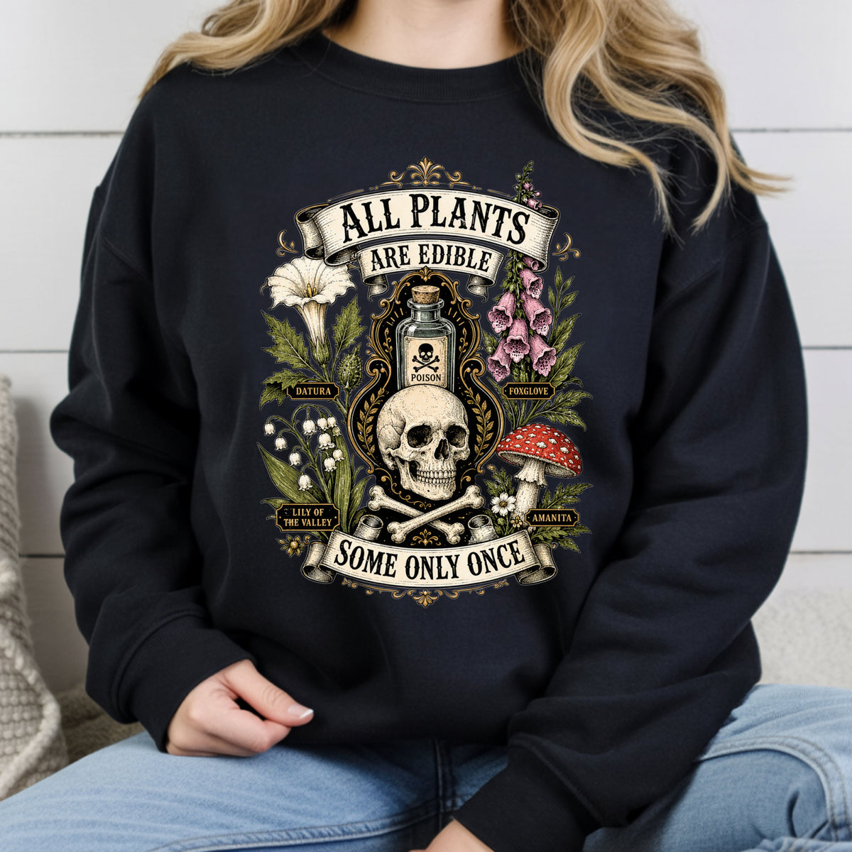 Funny Botanical All Plants Are Edible T-Shirt, Poisonous Mushroom Skull Vintage Tee