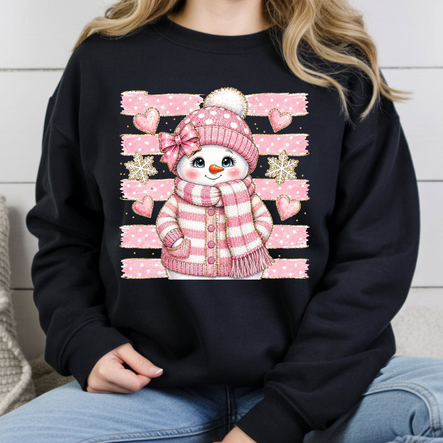 Cute Pink Snowgirl Winter T-Shirt, Snowman Beanie Bow Pink Stripes Hearts Tee