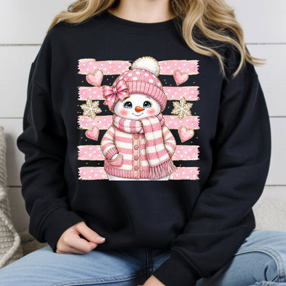 Cute Pink Snowgirl Winter T-Shirt, Snowman Beanie Bow Pink Stripes Hearts Tee