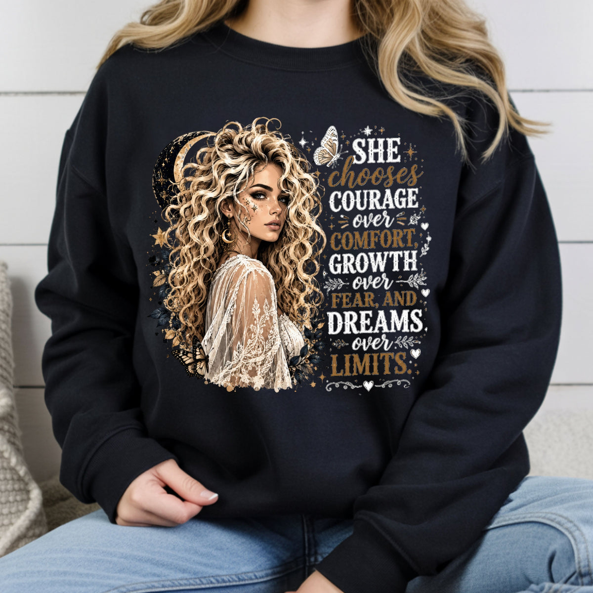 She Chooses Courage Inspirational T-Shirt, Blonde Woman Butterfly Crescent Moon Tee Sweatshirt