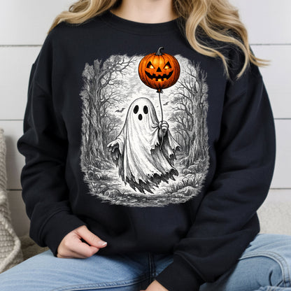 Vintage Halloween Ghost Pumpkin Balloon T-Shirt, Spooky Forest Retro Tee