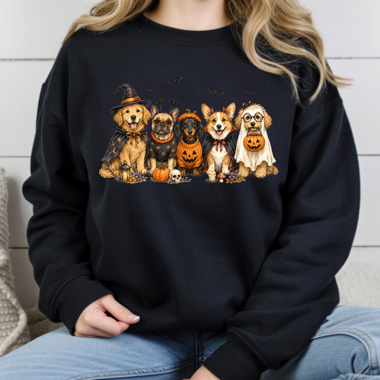 Halloween Dogs Comfort Colors T Shirts Cute Witchy Puppy Pumpkin Tees Spooky Costume Corgi Frenchie Golden Retriever Shirt Autumn Fall Graphic Hoodie