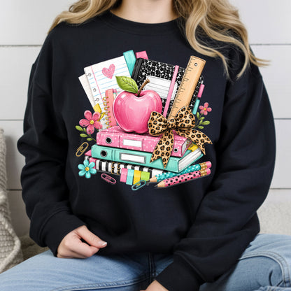 Pink Apple School Supplies T-Shirt, Books Leopard Bow Back to School Teacher Tee