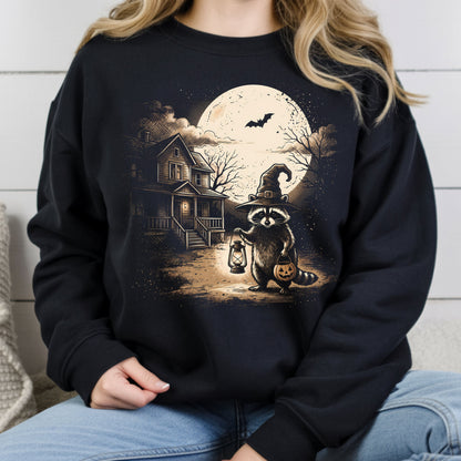 Vintage Halloween Mouse Witch T-Shirt, Full Moon Pumpkin House Sepia Trick or Treat Spooky Fall Tee