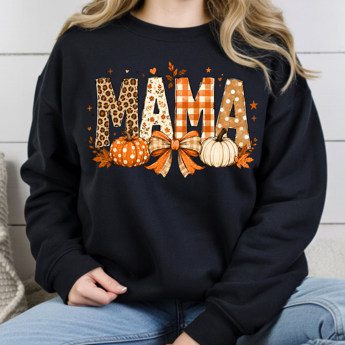 Fall Mama Pumpkin Leopard Plaid T-Shirt, Varsity Letters Autumn Leaves Bow Thanksgiving Mom Tee