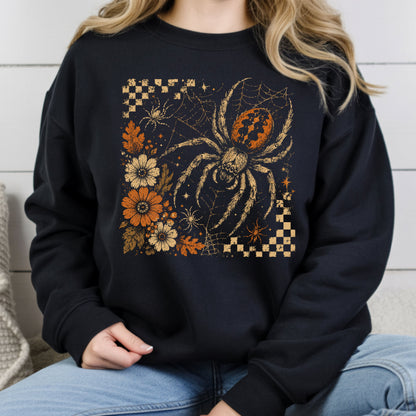 Vintage Fall Halloween Spider T-Shirt, Floral Spiderweb Checkered Spooky Season Tee