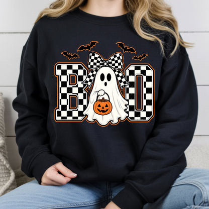 Boo Checkered Bow Ghost Halloween T-Shirt, Pumpkin Bucket Bats Retro Tee Sweatshirt