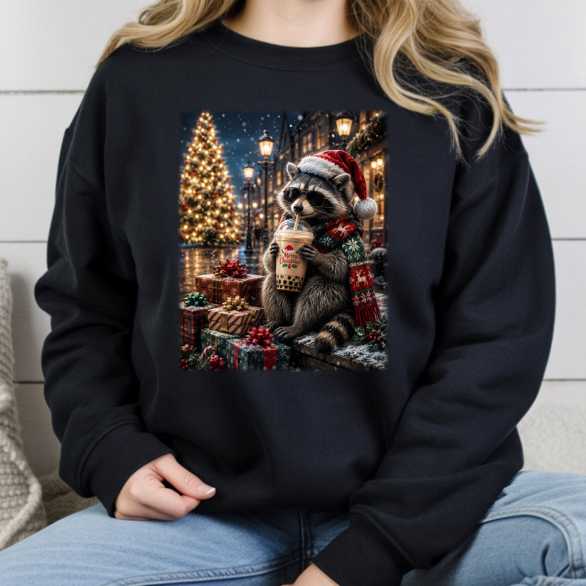 Christmas Raccoon Santa Hat T-Shirt, Coffee Drink Cute Holiday Winter Comfort Color Tee