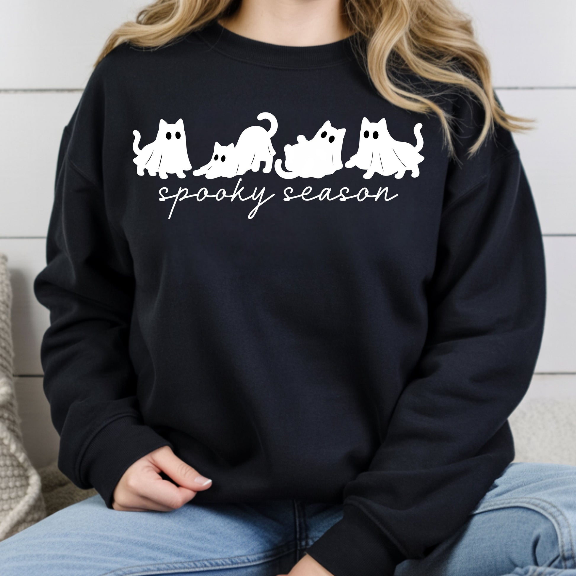 Spooky Season Ghost Cats Halloween T-Shirt, Black Cats Ghost Line Art Minimalist Tee