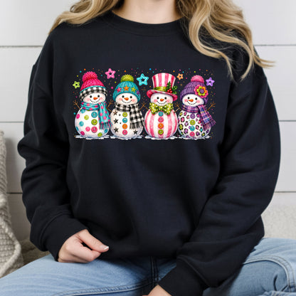 Christmas Colorful Snowmen T-Shirt, Cute Winter Snowman Beanies Scarves Holiday Tee